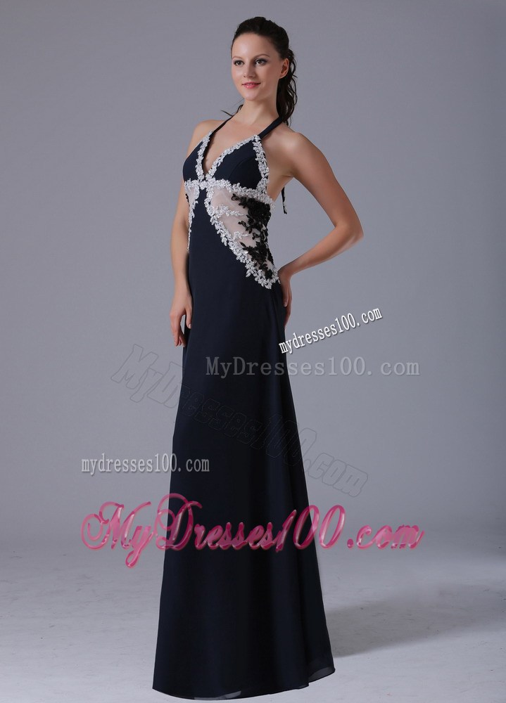 Halter Top Appliques Decorated Floor-length Prom Dress in Navy Blue