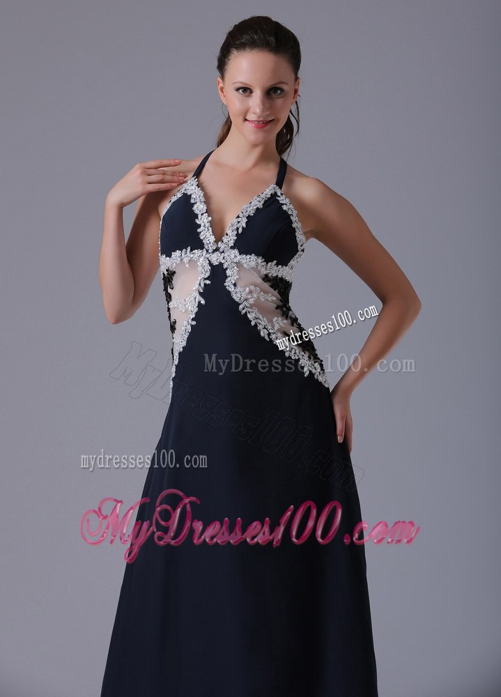 Halter Top Appliques Decorated Floor-length Prom Dress in Navy Blue