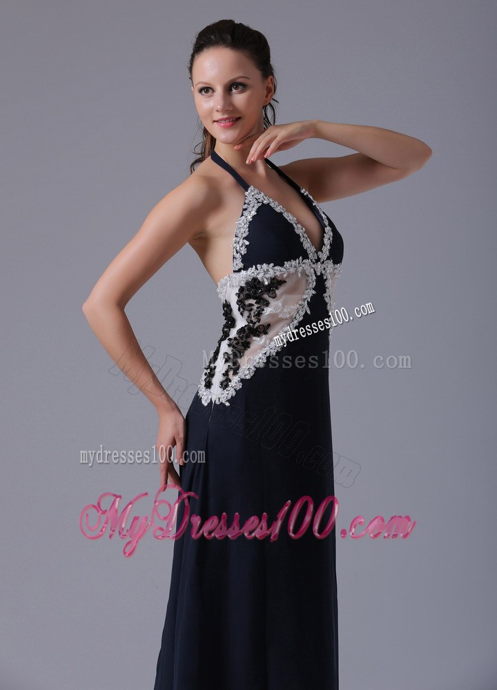 Halter Top Appliques Decorated Floor-length Prom Dress in Navy Blue