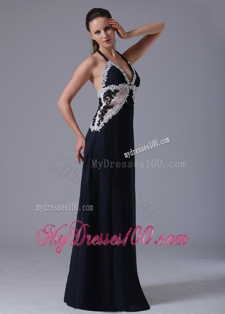 Halter Top Appliques Decorated Floor-length Prom Dress in Navy Blue
