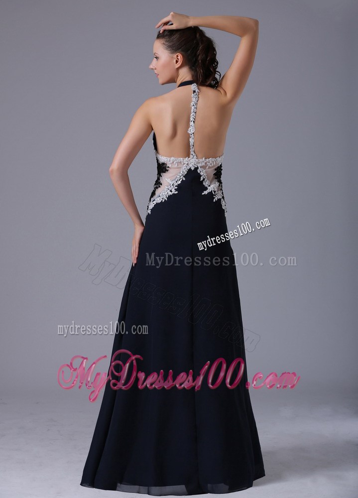 Halter Top Appliques Decorated Floor-length Prom Dress in Navy Blue