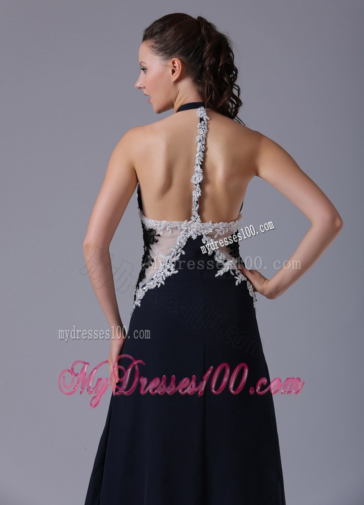 Halter Top Appliques Decorated Floor-length Prom Dress in Navy Blue