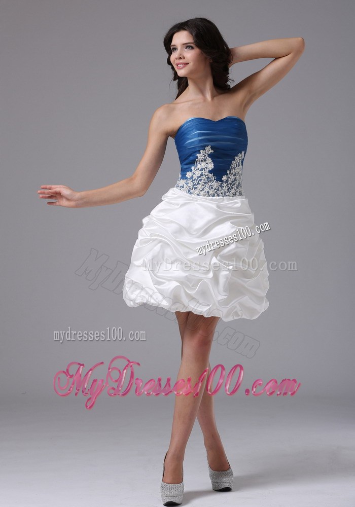 Pick-ups and Appliques Decorate On Mini-length Prom Gown in Blue and White