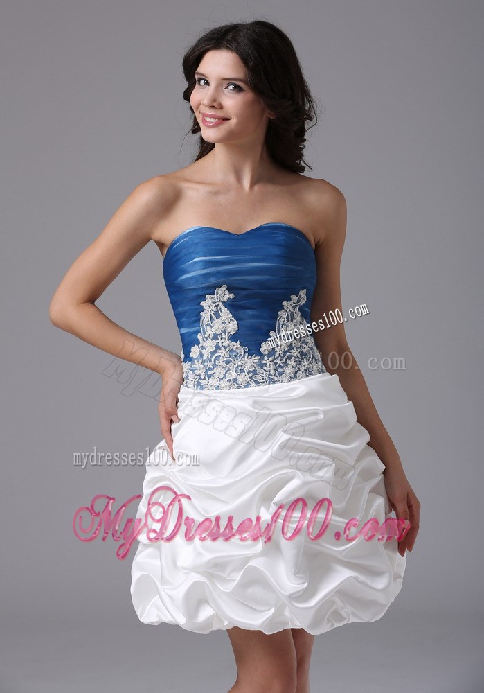 Pick-ups and Appliques Decorate On Mini-length Prom Gown in Blue and White