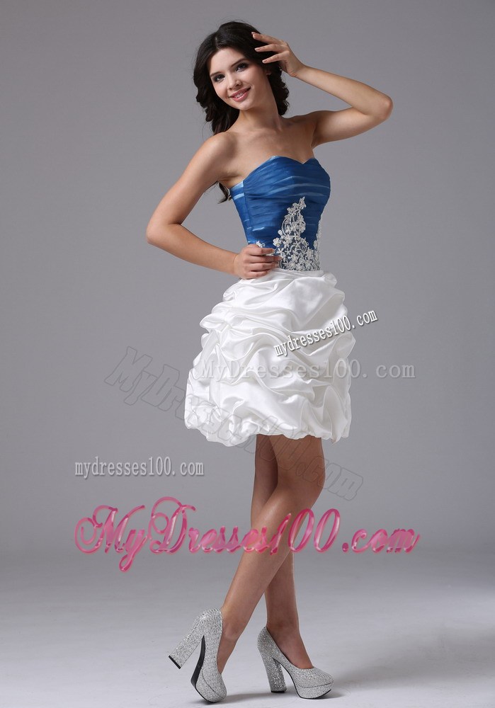 Pick-ups and Appliques Decorate On Mini-length Prom Gown in Blue and White