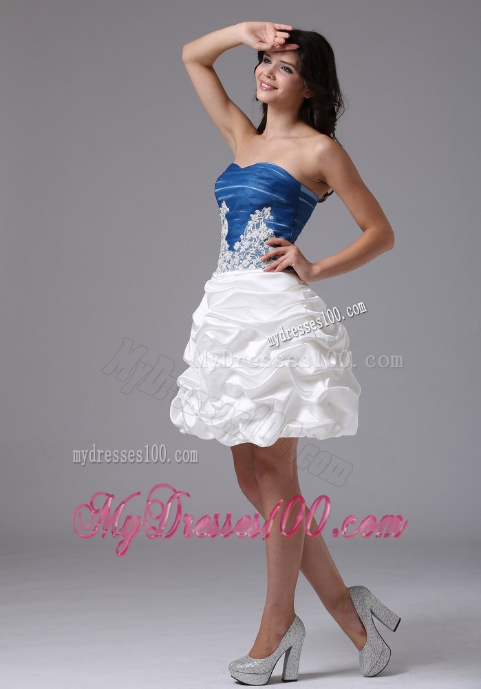 Pick-ups and Appliques Decorate On Mini-length Prom Gown in Blue and White