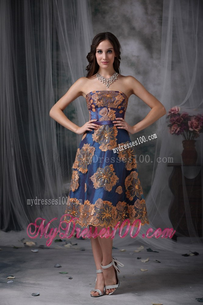 Unique Strapless Navy Blue Prom Evening Dresses with Appliques