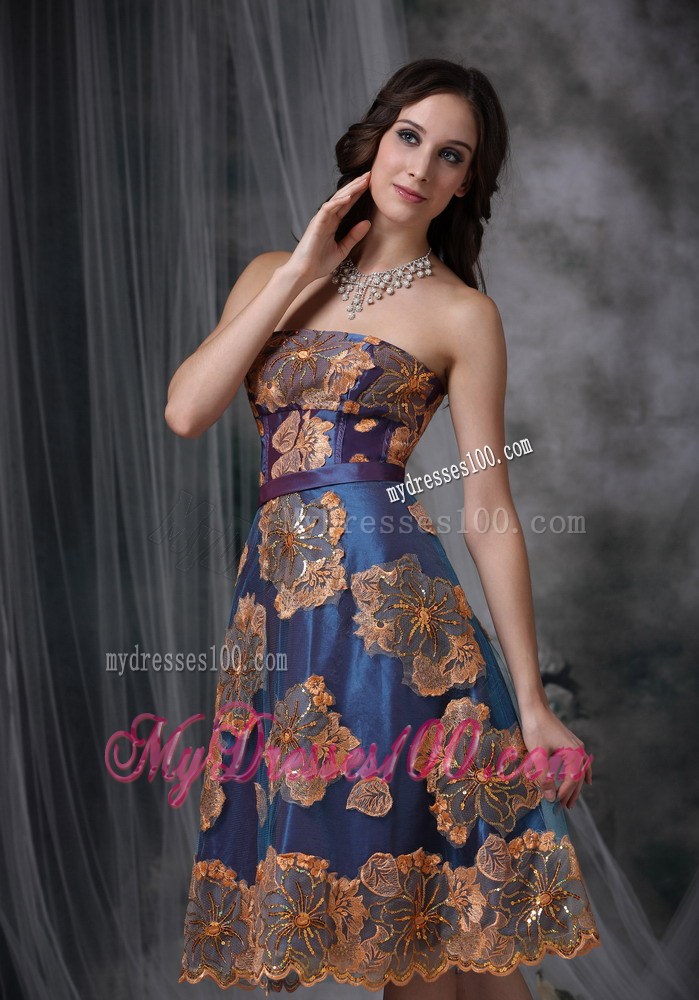 Unique Strapless Navy Blue Prom Evening Dresses with Appliques