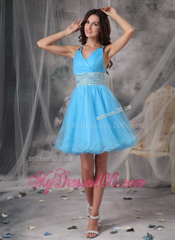 Aqua A-line V-neck Mini-length Organza Beading Decorate Prom Gown