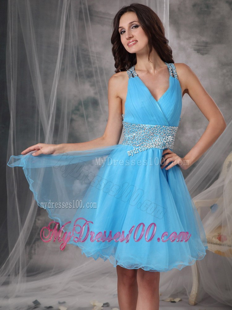 Aqua A-line V-neck Mini-length Organza Beading Decorate Prom Gown