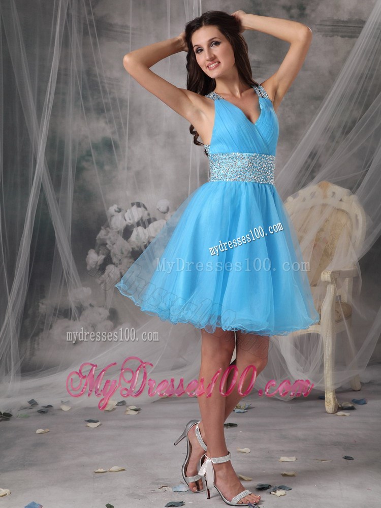 Aqua A-line V-neck Mini-length Organza Beading Decorate Prom Gown