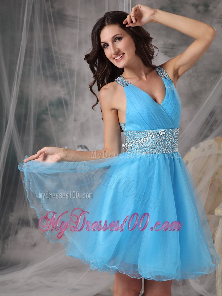 Aqua A-line V-neck Mini-length Organza Beading Decorate Prom Gown