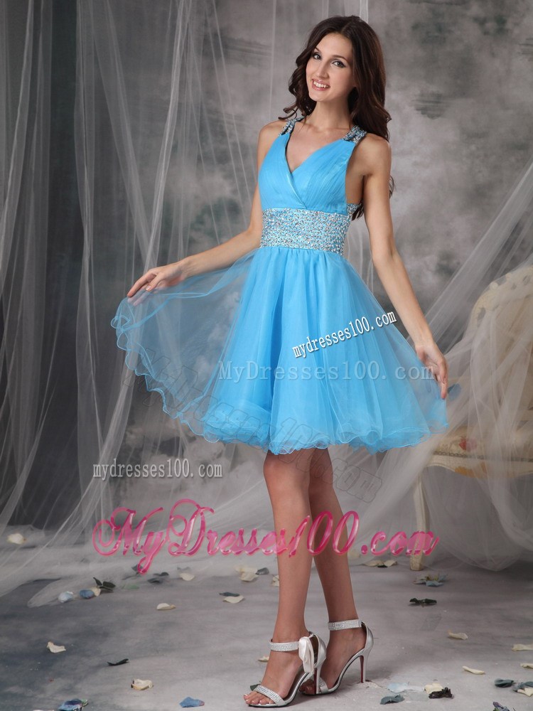 Aqua A-line V-neck Mini-length Organza Beading Decorate Prom Gown