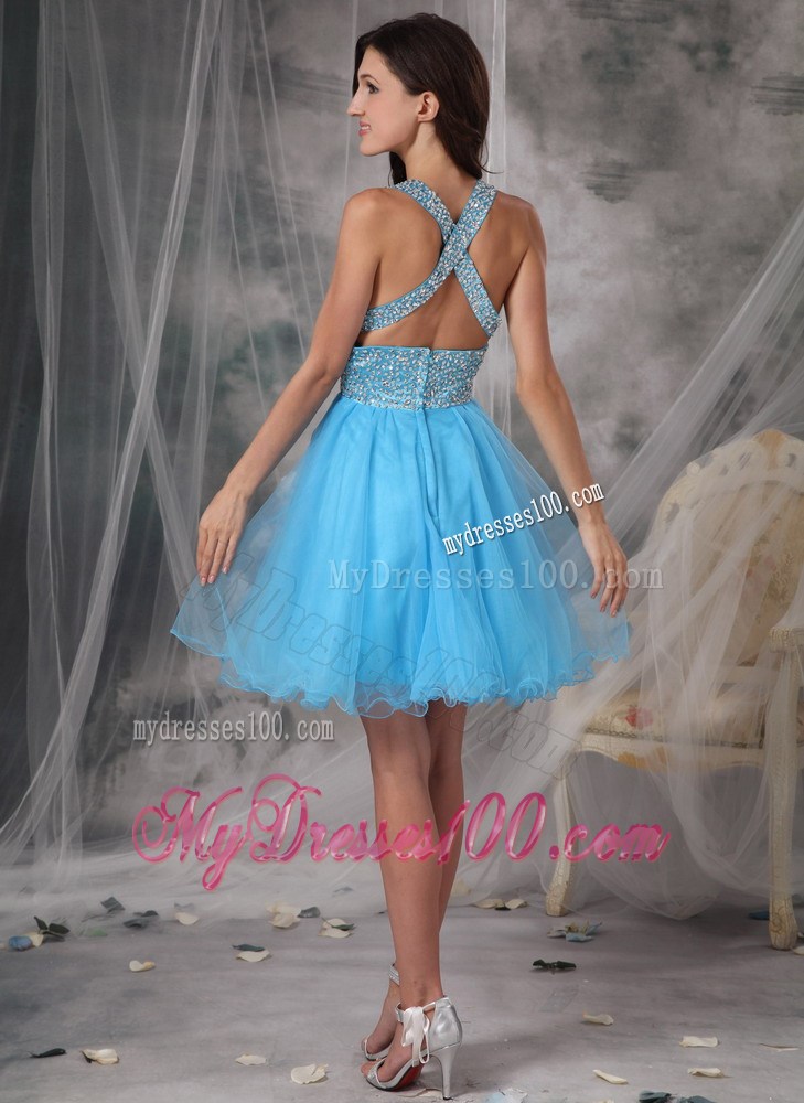 Aqua A-line V-neck Mini-length Organza Beading Decorate Prom Gown