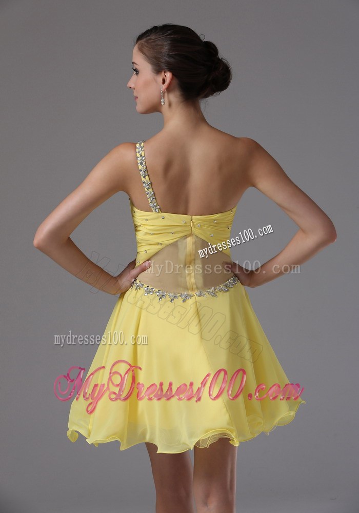 One Shoulder and Ruched Bodice For Yellow Prom Dress with Beading