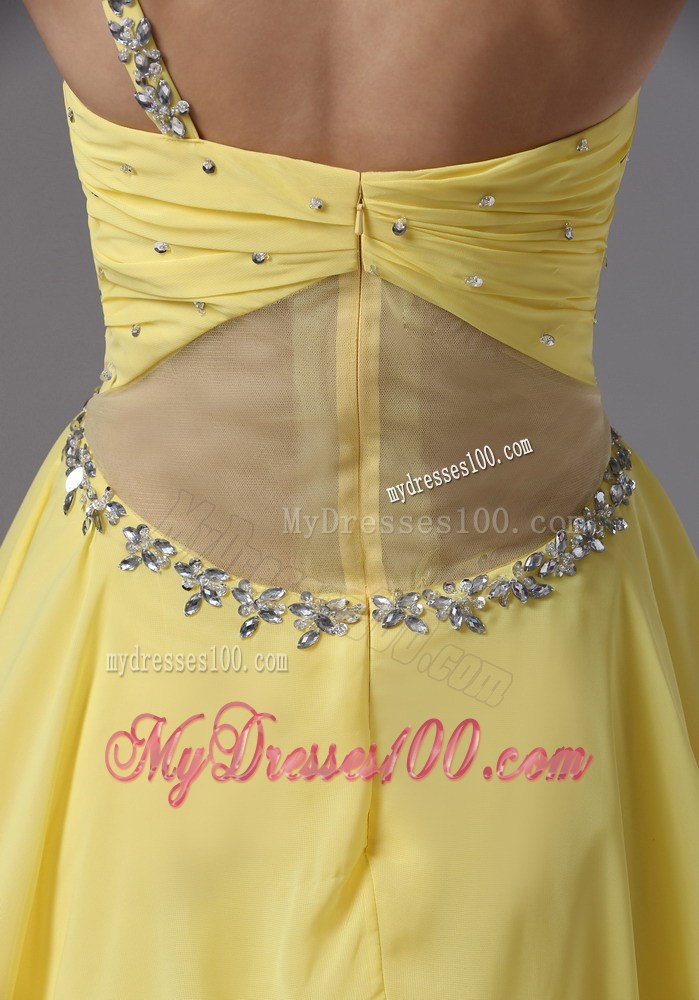 One Shoulder and Ruched Bodice For Yellow Prom Dress with Beading