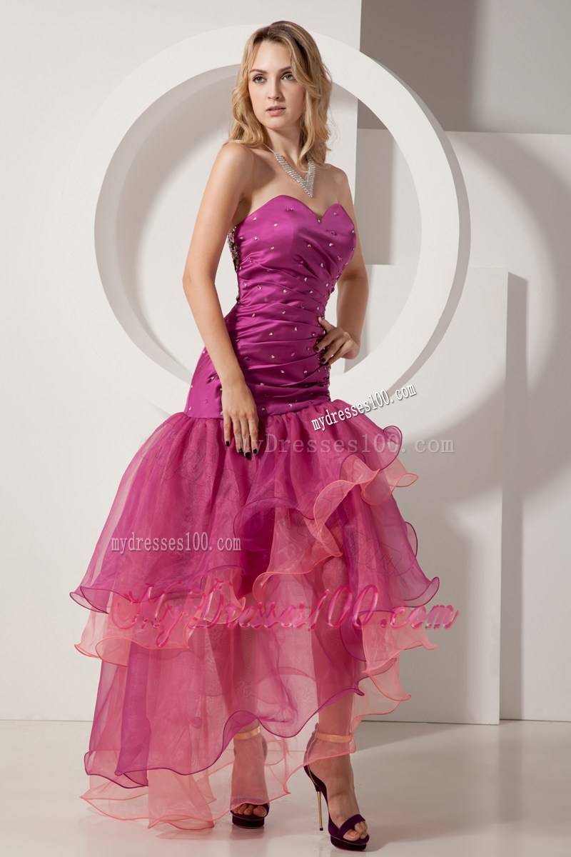 Sexy Fuchsia Sweetheart Prom Dress Asymmetrical Beading and Ruched