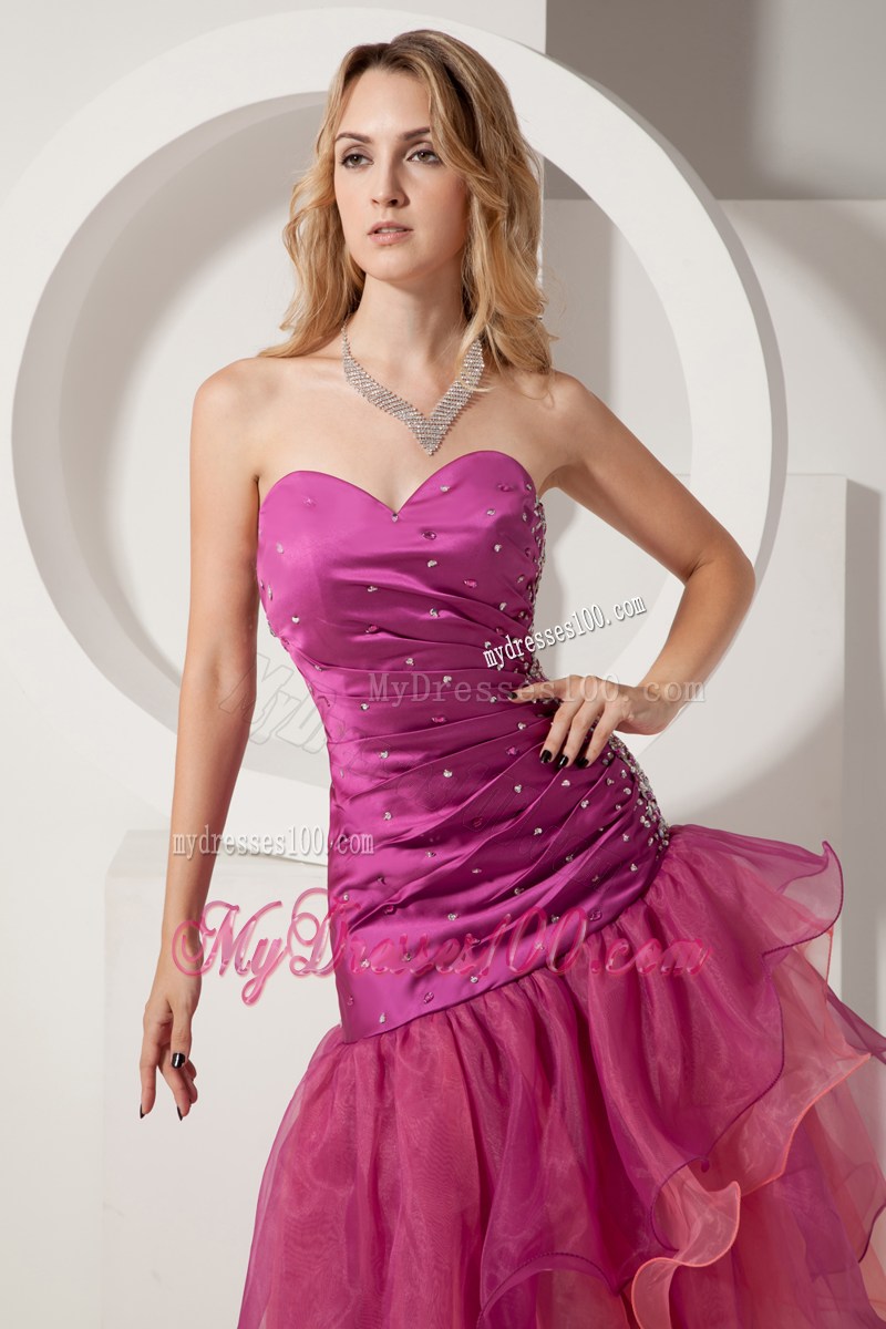 Sexy Fuchsia Sweetheart Prom Dress Asymmetrical Beading and Ruched