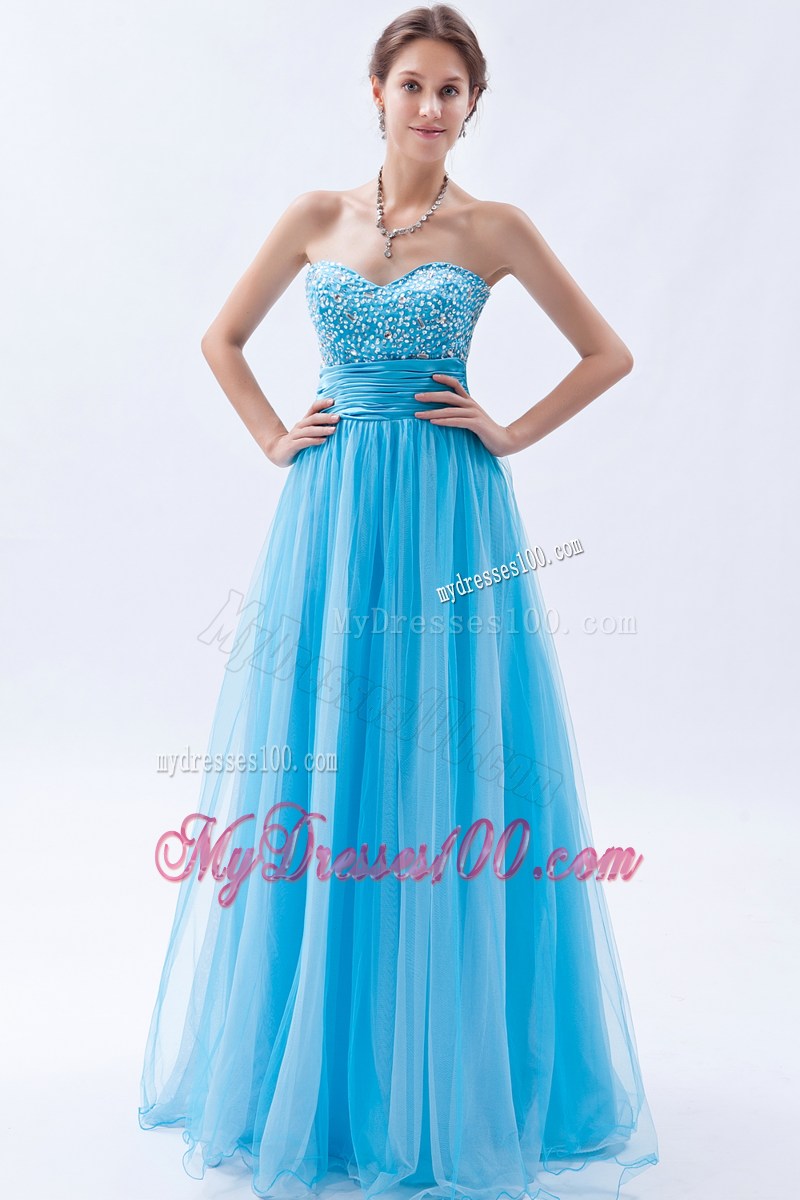 Strapless Baby Blue Beaded Sweetheart Prom Gown Dress with Ruche