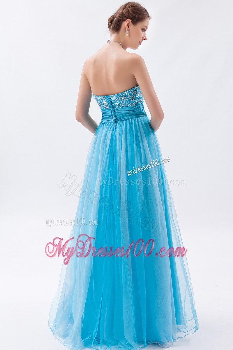 Strapless Baby Blue Beaded Sweetheart Prom Gown Dress with Ruche
