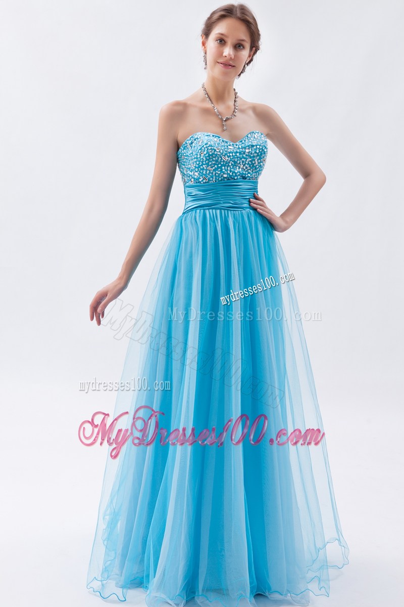 Strapless Baby Blue Beaded Sweetheart Prom Gown Dress with Ruche