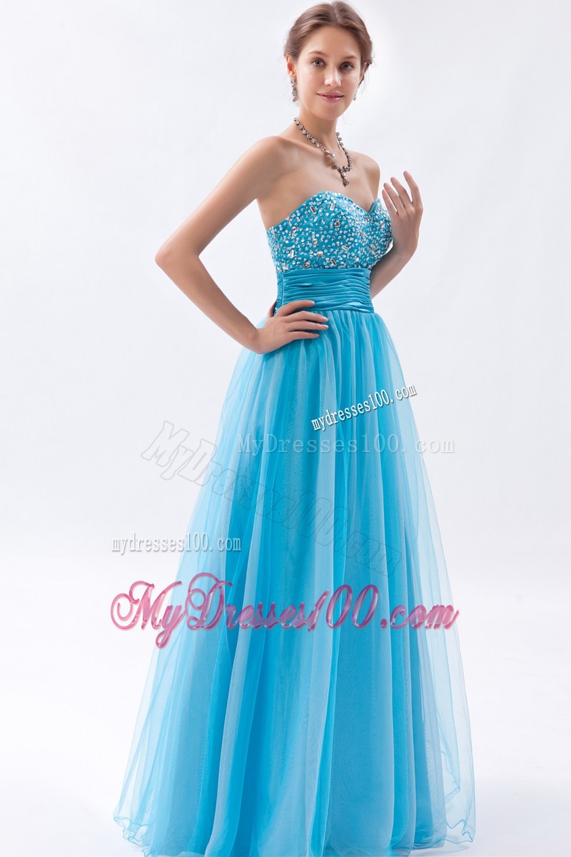 Strapless Baby Blue Beaded Sweetheart Prom Gown Dress with Ruche