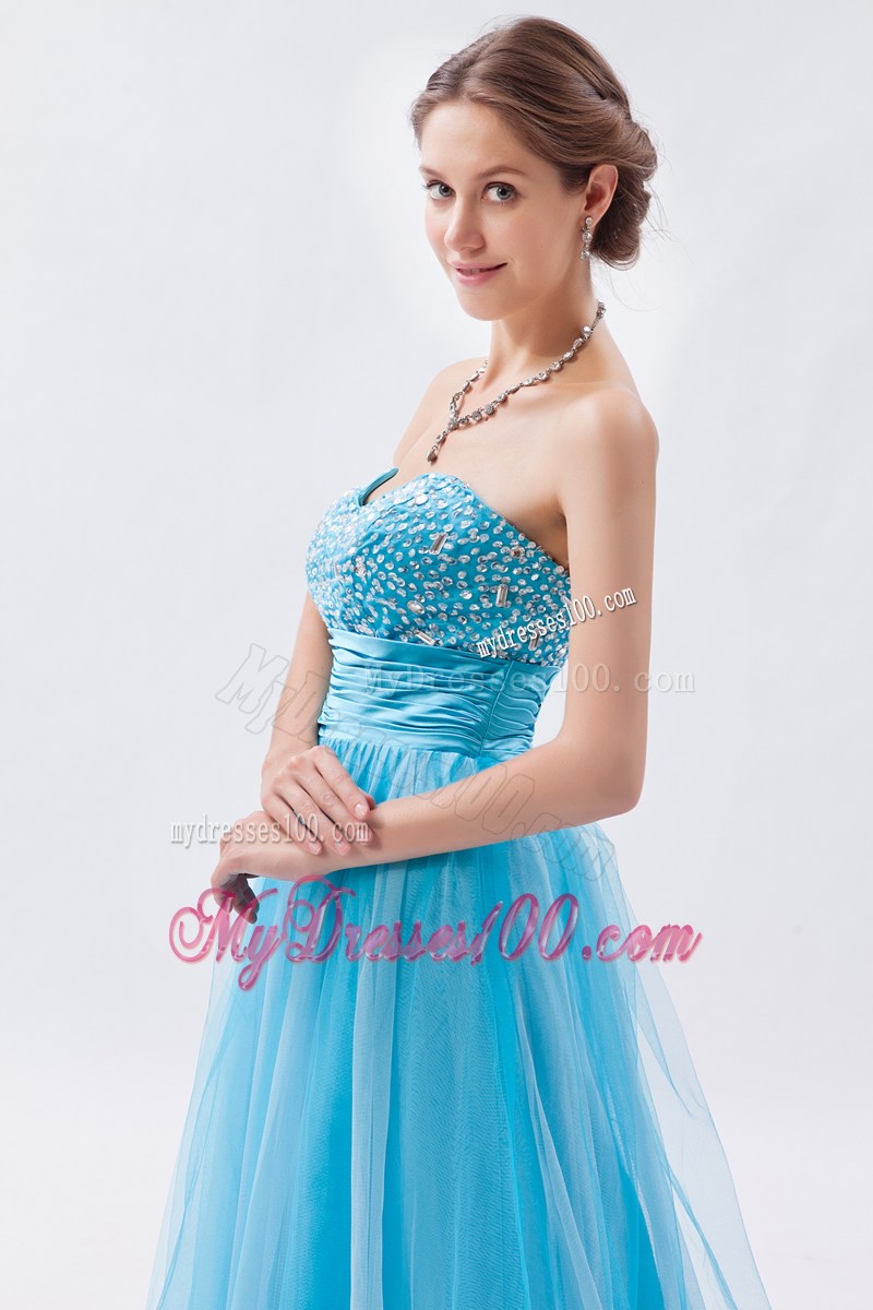 Strapless Baby Blue Beaded Sweetheart Prom Gown Dress with Ruche