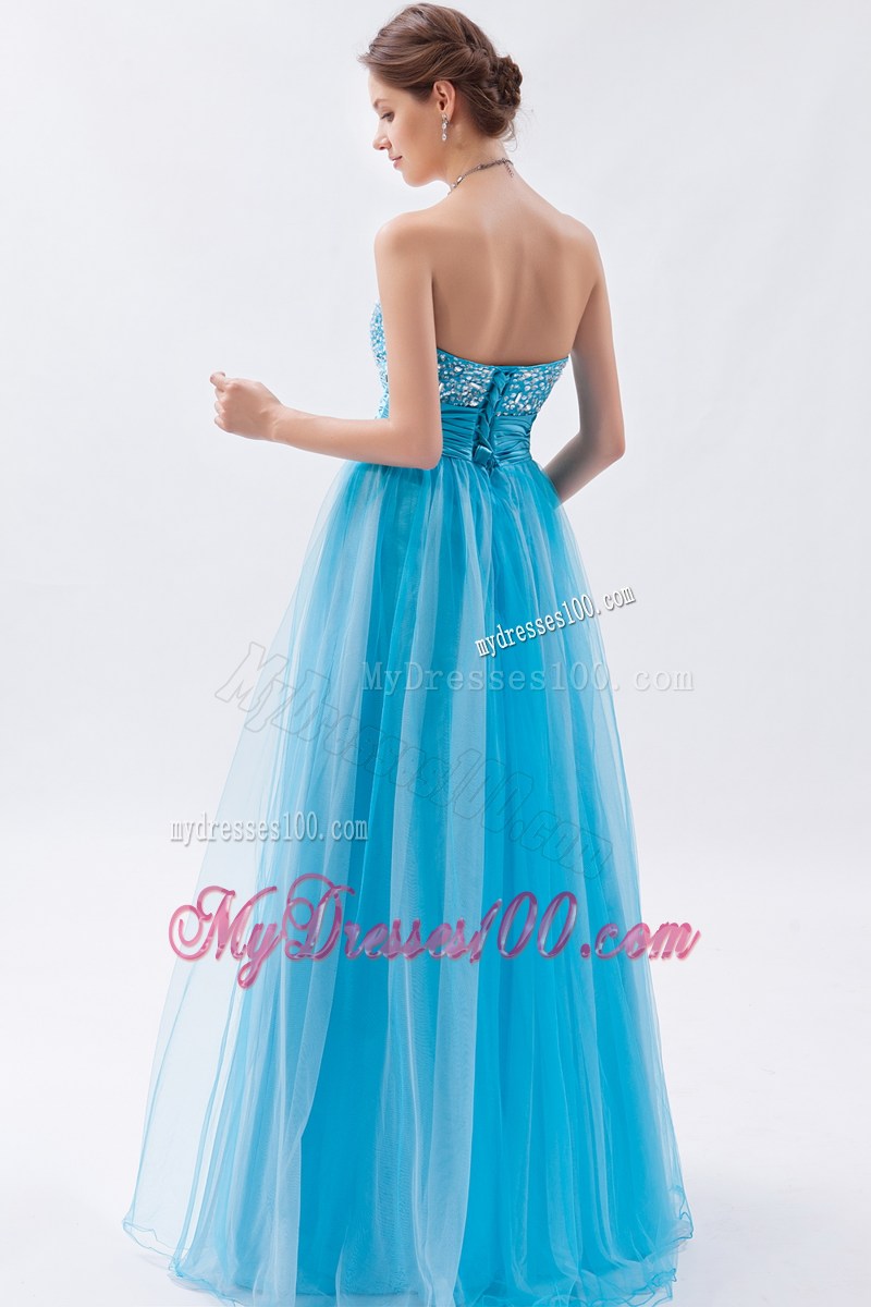 Strapless Baby Blue Beaded Sweetheart Prom Gown Dress with Ruche