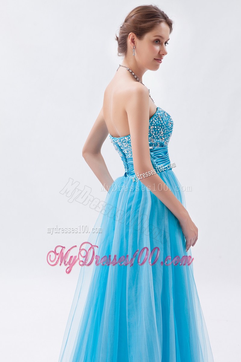 Strapless Baby Blue Beaded Sweetheart Prom Gown Dress with Ruche