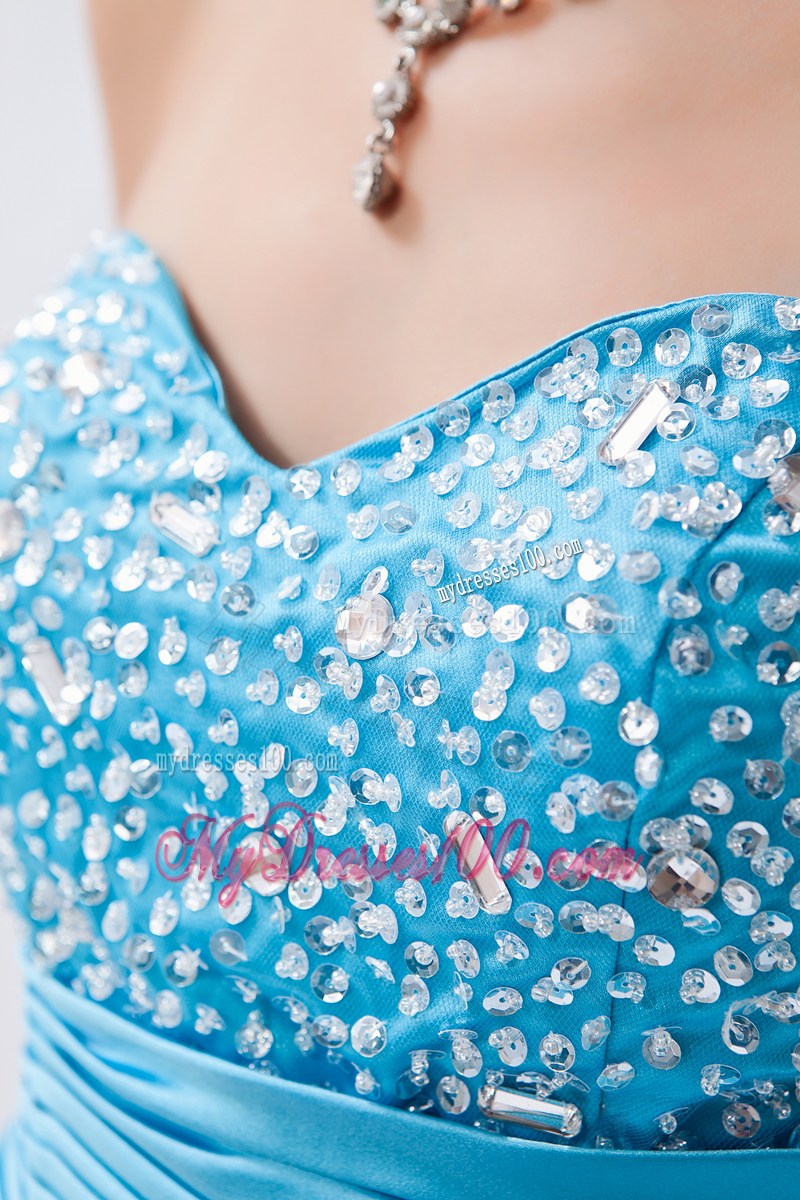 Strapless Baby Blue Beaded Sweetheart Prom Gown Dress with Ruche