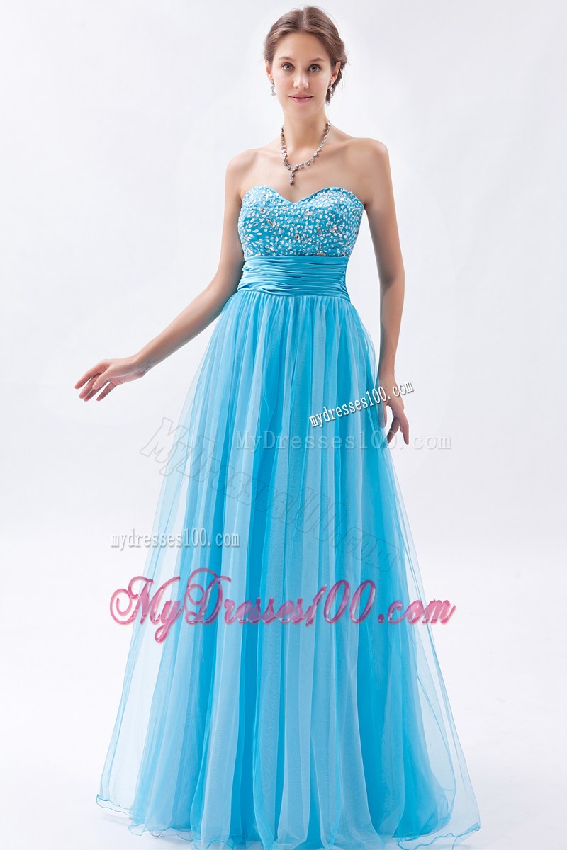 Strapless Baby Blue Beaded Sweetheart Prom Gown Dress with Ruche