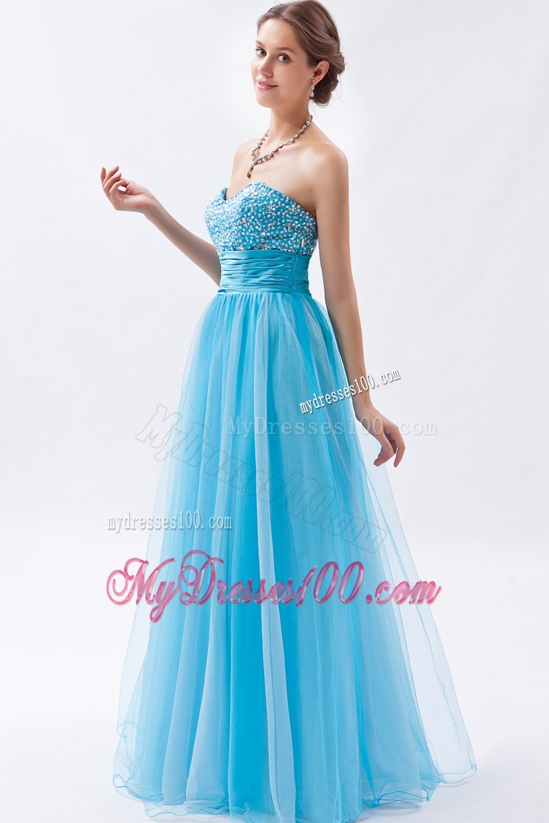 Strapless Baby Blue Beaded Sweetheart Prom Gown Dress with Ruche