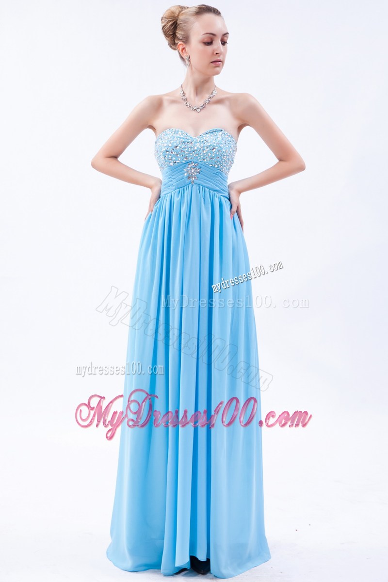 Baby Blue Empire Sweetheart Beaded Prom Evening Dress with Ruche