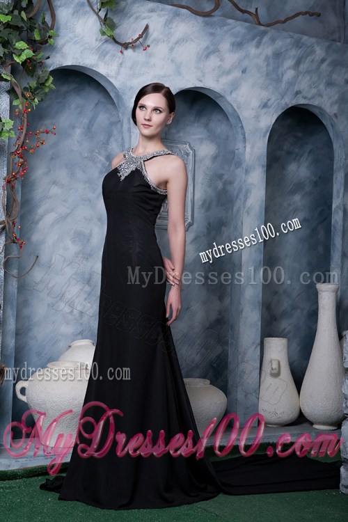 High-neck Black Backless Dresses for Prom with Beading and Brush Train