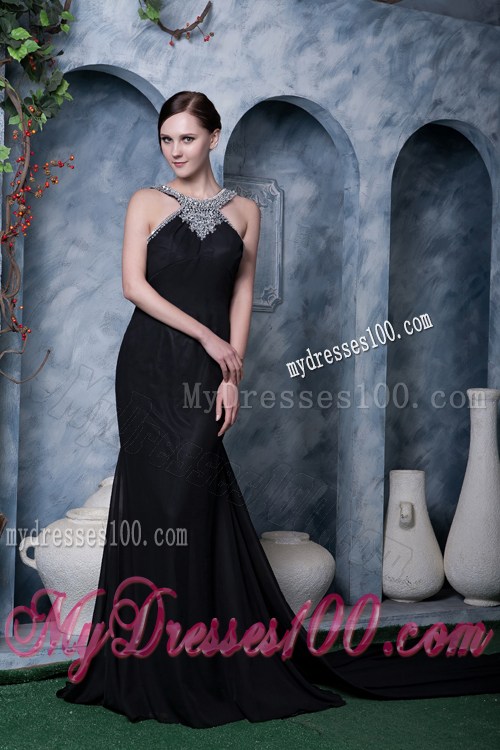 High-neck Black Backless Dresses for Prom with Beading and Brush Train