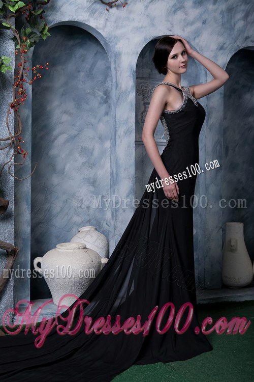High-neck Black Backless Dresses for Prom with Beading and Brush Train