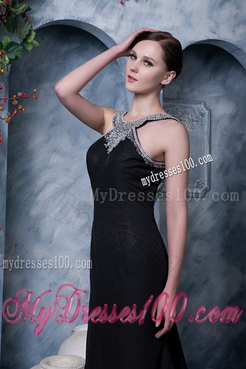 High-neck Black Backless Dresses for Prom with Beading and Brush Train