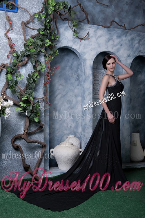 High-neck Black Backless Dresses for Prom with Beading and Brush Train