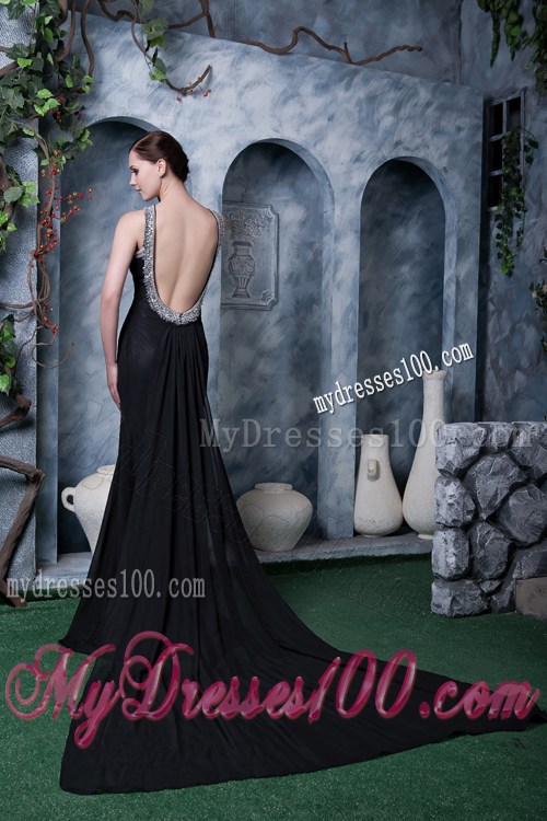 High-neck Black Backless Dresses for Prom with Beading and Brush Train