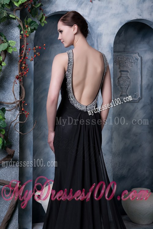 High-neck Black Backless Dresses for Prom with Beading and Brush Train