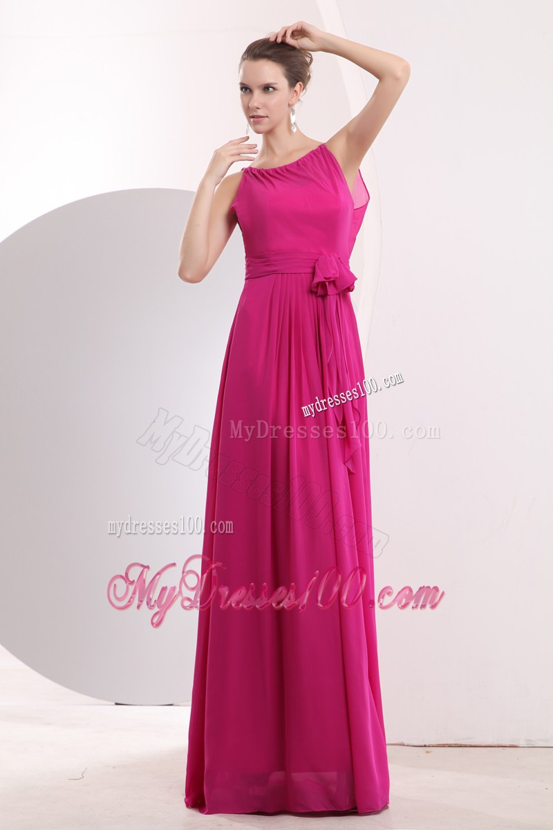 Fuchsia Bateau Dresses for Prom with Bowknot Sash of Floor-length