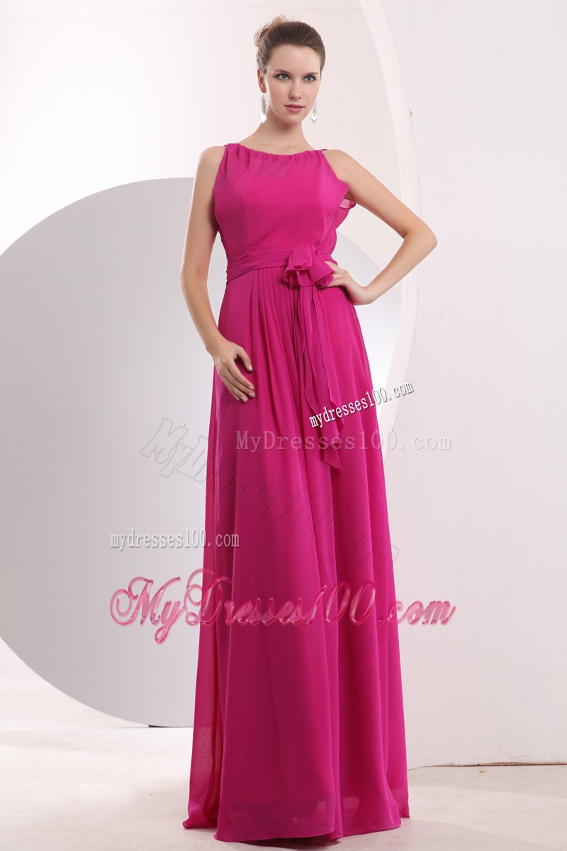 Fuchsia Bateau Dresses for Prom with Bowknot Sash of Floor-length