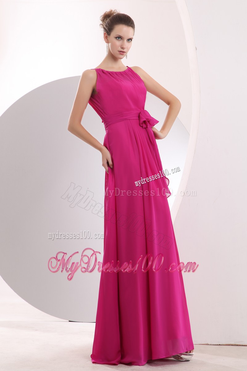 Fuchsia Bateau Dresses for Prom with Bowknot Sash of Floor-length