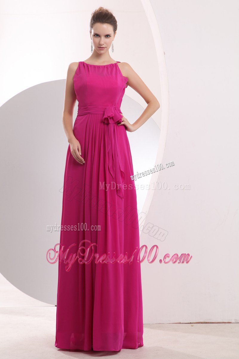 Fuchsia Bateau Dresses for Prom with Bowknot Sash of Floor-length