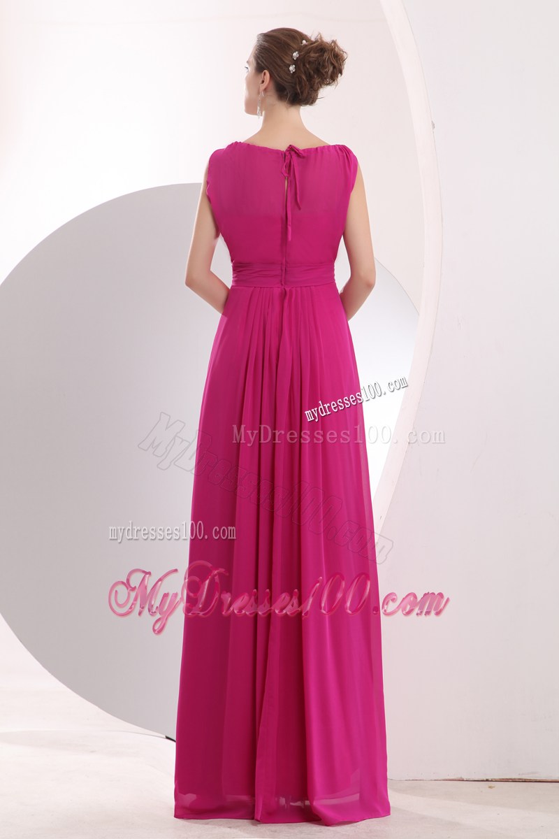 Fuchsia Bateau Dresses for Prom with Bowknot Sash of Floor-length