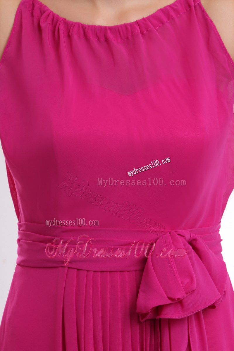 Fuchsia Bateau Dresses for Prom with Bowknot Sash of Floor-length