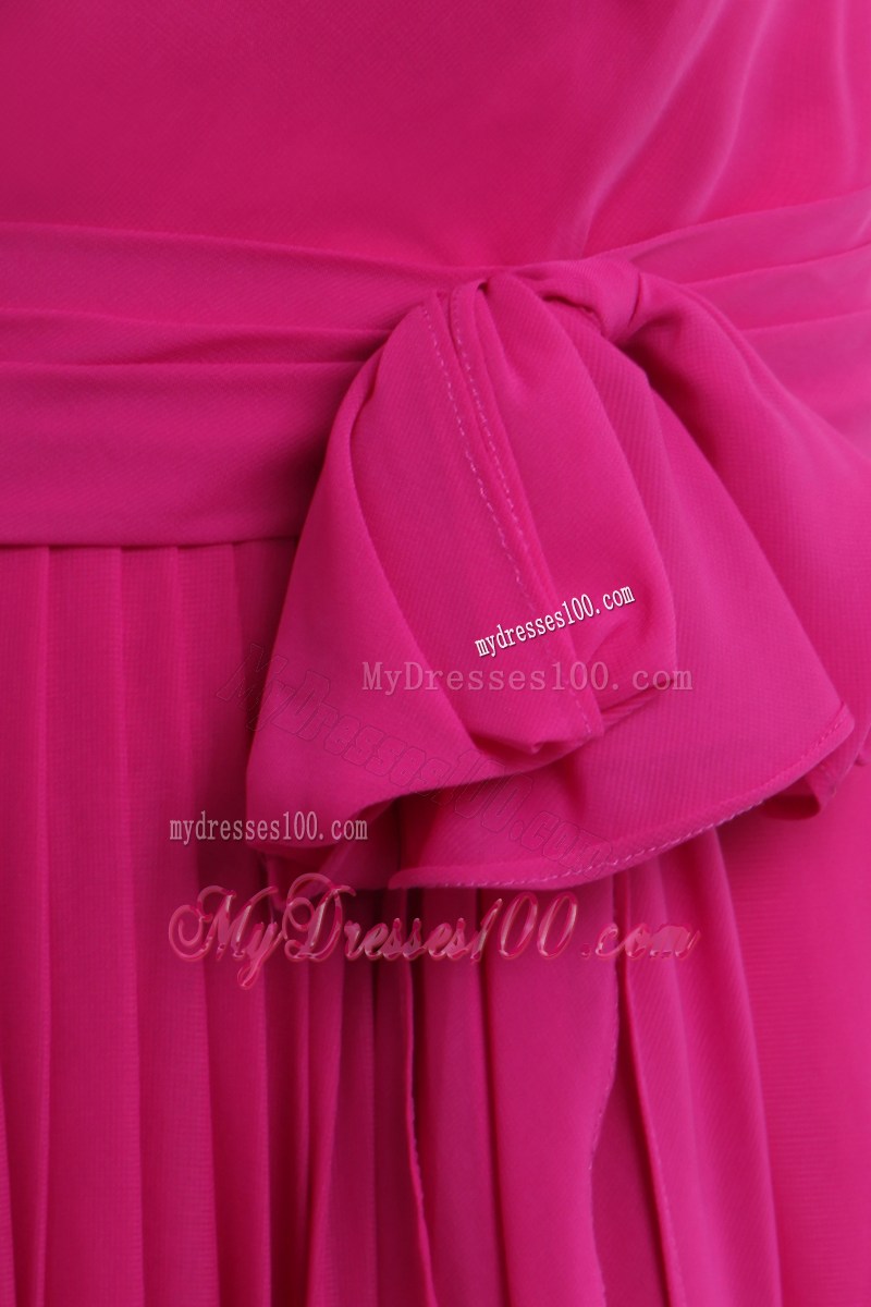 Fuchsia Bateau Dresses for Prom with Bowknot Sash of Floor-length