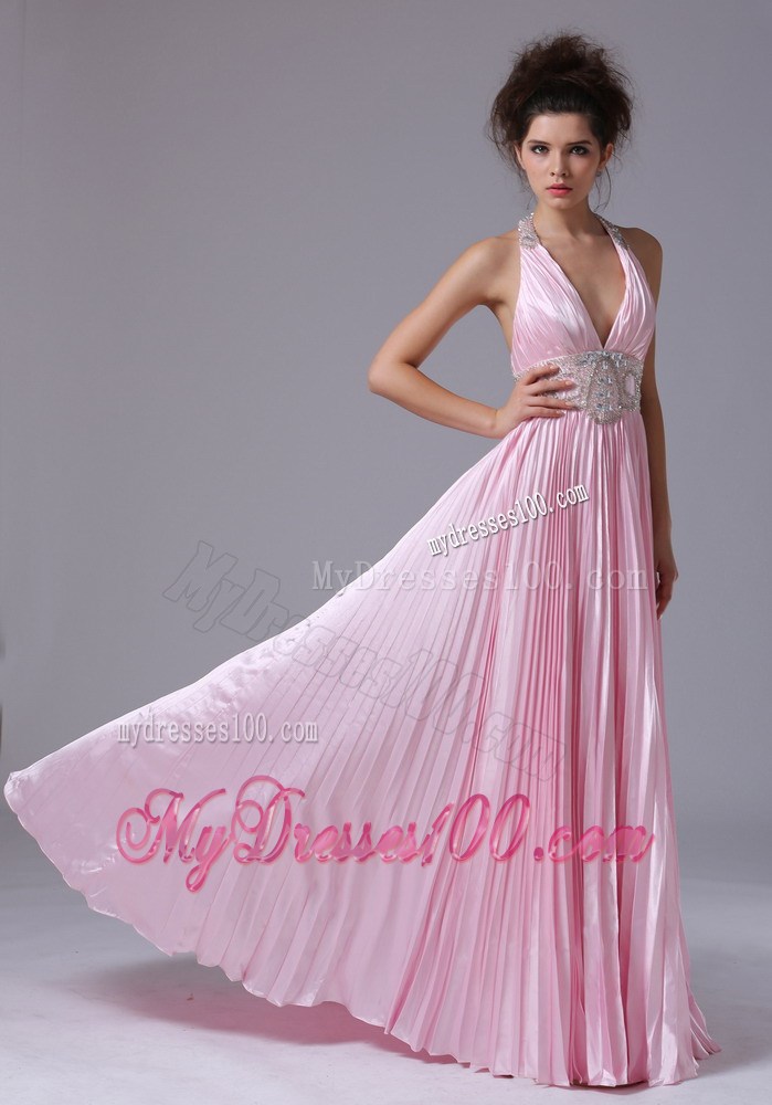 Halter for Pink Long Dresses for Prom with Beading and Pleats