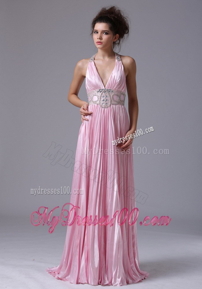 Halter for Pink Long Dresses for Prom with Beading and Pleats