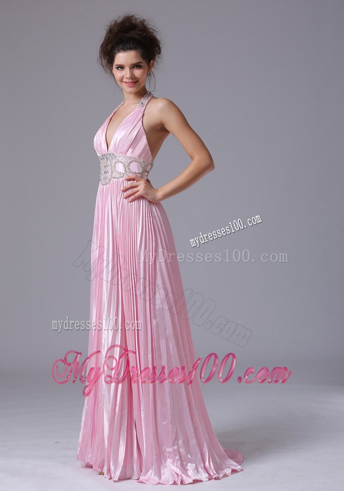 Halter for Pink Long Dresses for Prom with Beading and Pleats